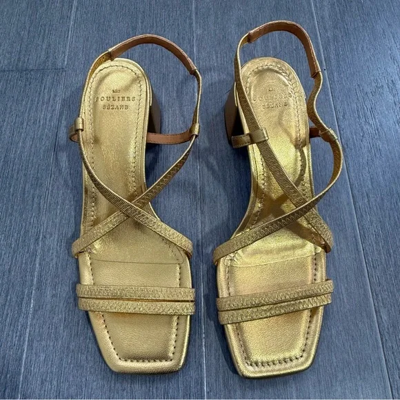 SEZANE PERNILLE SANDALS GOLD 37 6.5 Strappy Block Heel Square Toe Metallic Shoes - Picture 13 of 16